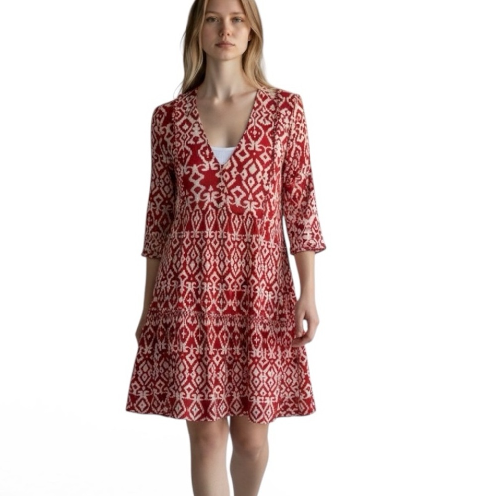 Zara Boho Red Ikat Print Tiered Boho Mini Dress Size Medium